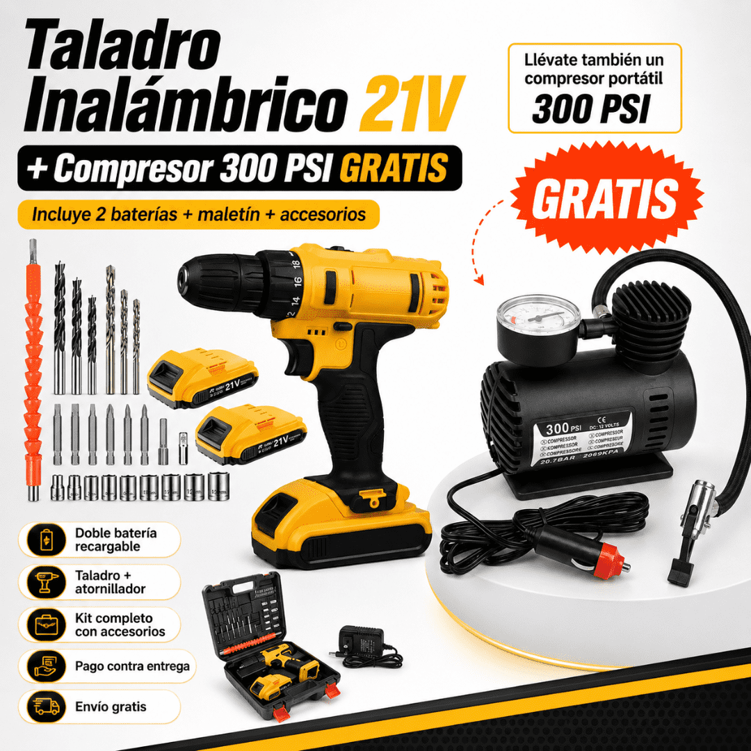 Kit ArreglaTodo 21V™ | Taladro Inalámbrico + Compresor 300 PSI GRATIS