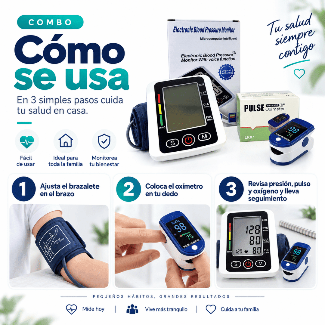 Combo Tensiómetro Digital + Oxímetro de Pulso + 3 REGALOS