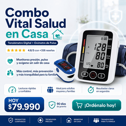 Combo Vital Salud en Casa: Tensiómetro Digital + Oxímetro de Pulso