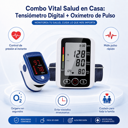 Combo Vital Salud en Casa: Tensiómetro Digital + Oxímetro de Pulso